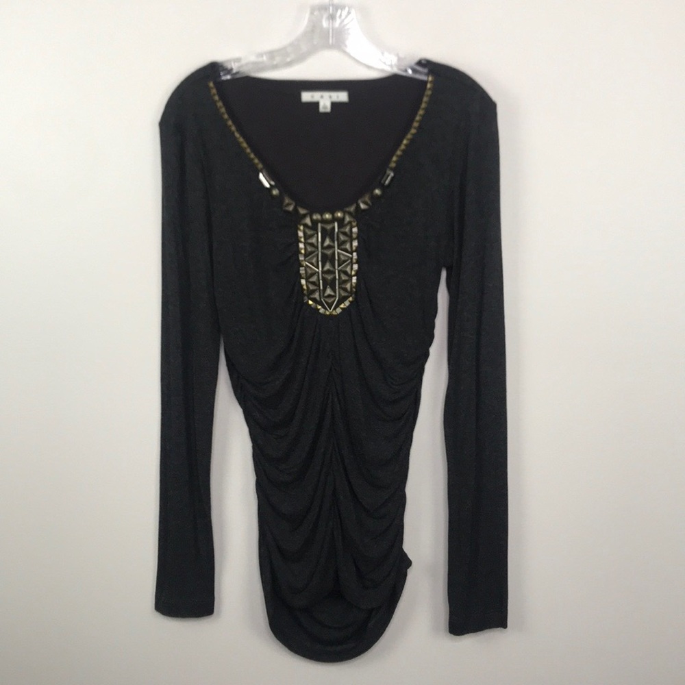 CAbi #158 Antoinette Ruched Embellished Shirt Top